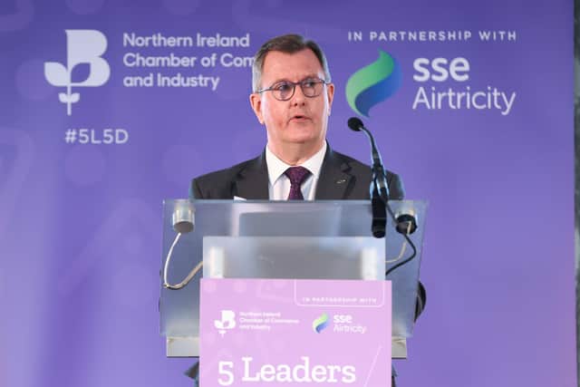Sir Jeffrey Donaldson at a pre-election event hosted by Northern Ireland Chamber of Commerce and Industry