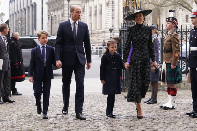 The Duke and Duchess of Cambridge, Prince George, Princess Charlotte arriving for a Service of Thanksgiving for the life of the Duke of Edinburgh, at Westminster Abbey in London
