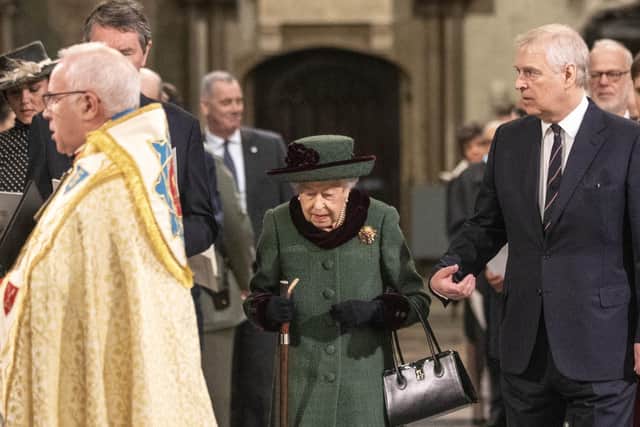 The Queen and the Duke of York arrive at a Service of Thanksgiving for the life of the Duke of Edinburgh, at Westminster Abbey in London.