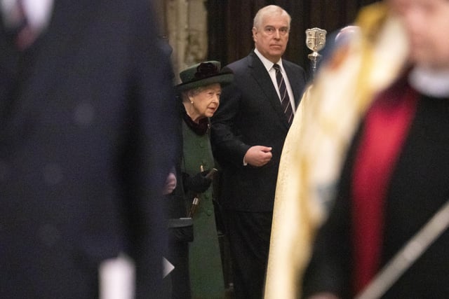 Queen Elizabeth II and the Duke of York arrive at a Service of Thanksgiving