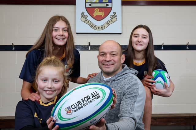 Rory Best pictured along with representatives from Banbridge Rugby Club’s girls youth team, Victoria Cromie (front), Joy Mawson (back left) & Rebecca Baker (back right). The Rory Best celebration evening aims to raise money for Banbridge RFC's 'Club for All' project (which includes changing facilities for girls and women's rugby) and Cancer Fund for Children.