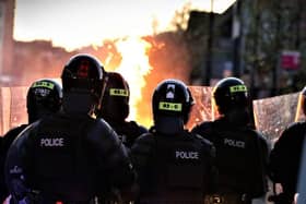 PSNI at the scene of street disorder in Shaftesbury Square, Belfast, in April 2021 (Kelvin Boyes, Press Eye); Rev Hamilton is concerned about efforts to push police towards dealing not just with disorder, violence, theft, and drugs, but with ‘objectionable’ opinions