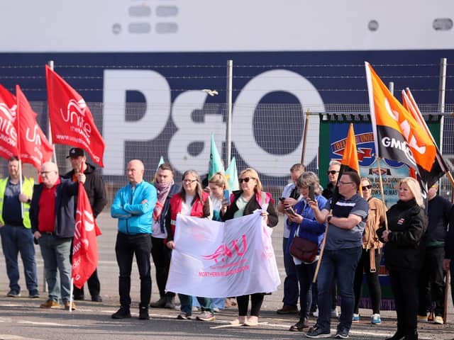 Former P&O workers protest with union colleagues at the Port of Larne, Co. Antrim