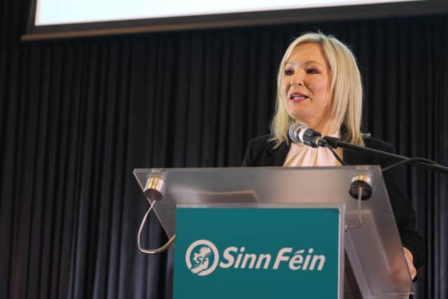 Michelle O'Neill addressing a party election event in Belfast.