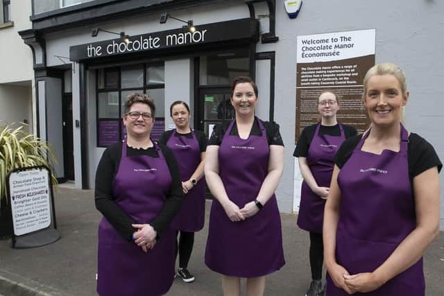 Geri Martin (centre) and her all female team at The Chocolate Manor. Back row -Donna Millen & Amy Cook, Front Row, Jenny O'Brien, Geri Martin & Dawn MacKay