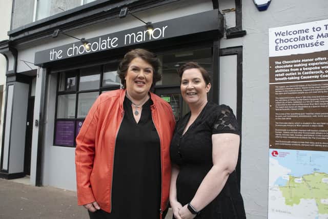 Geri Martin of Chocolate Manor in Castlerock  pictured with celebrity chef Paula McIntyre outside her workshop which recently joined the international Economusse network of artisan workshops open for visitors to experience the expertise of producers. Geri runs chocolate making classes