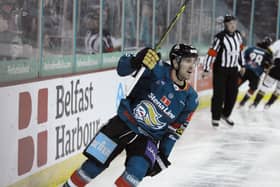 Belfast Giants'  Scott Conway celebrates scoring against Nottingham Panthers during last Friday night's Elite Ice Hockey League game at the SSE Arena, Belfast. Picture: Darren Kidd/Presseye