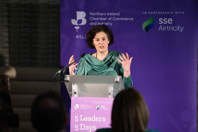 Claire Hanna addresses businesspeople at a pre-election event hosted by Northern Ireland Chamber of Commerce and Industry