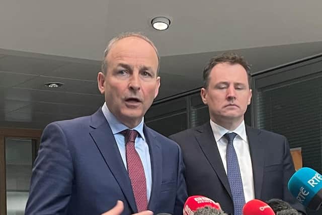 Speaking to the media in Londonderry, Taoiseach Micheal Martin (left) said he did not think twice about coming to Northern Ireland a week after a security alert disrupted a visit to Belfast by Irish Foreign Affairs minister Simon Coveney.