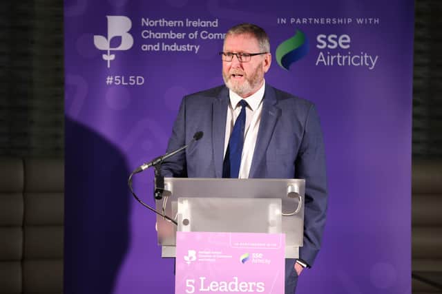 Doug Beattie addresses businesspeople at a pre-election event hosted by Northern Ireland Chamber of Commerce and Industry