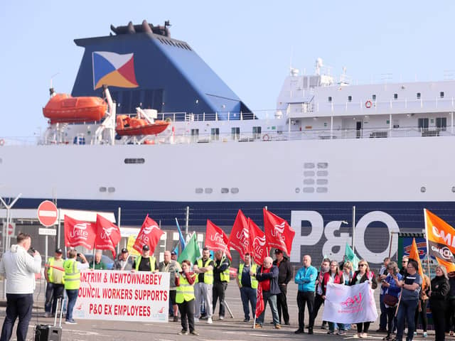Former P&O workers protest with union colleagues at the Port of Larne, Co. Antrim.  The ferry company laid off 800 workers across the UK last week. 

Picture by Jonathan Porter/PressEye