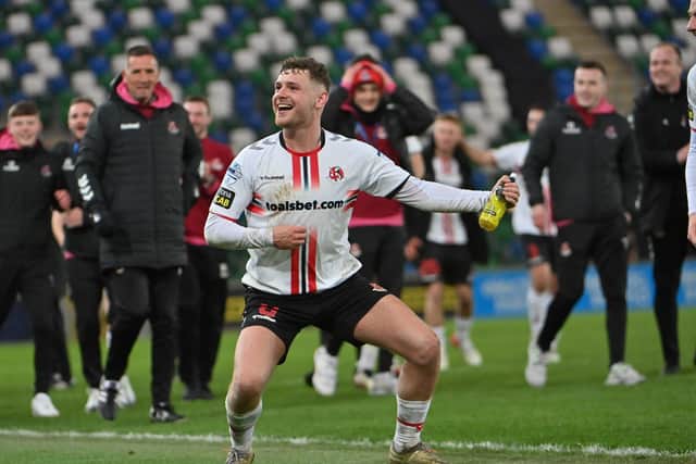 Ben Kennedy celebrates Crusaders' Irish Cup semi-final success over Cliftonville. Pic by PressEye Ltd.
