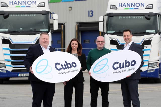 Cubo’s financial director, Declan McArdle and marketing manager, Elizabeth Vuagniaux with client David Burnett, commercial manager of Hannon Transport and Cubo’s sales director, Conor Patton