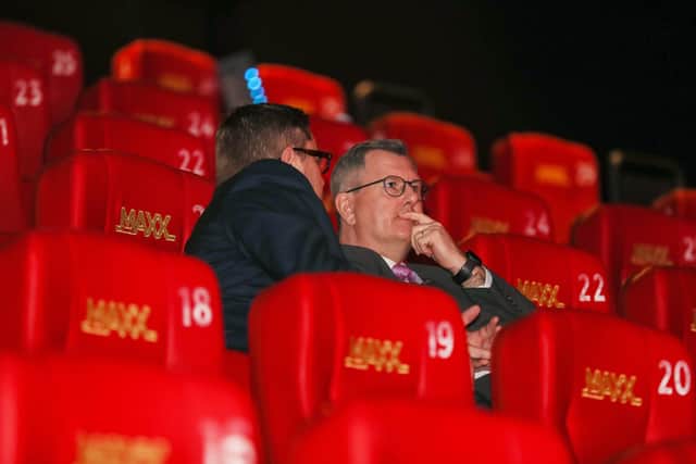 DUP leader Sir Jeffrey Donaldson at the party's campaign launch at the Omniplex Cinema, Dundonald.