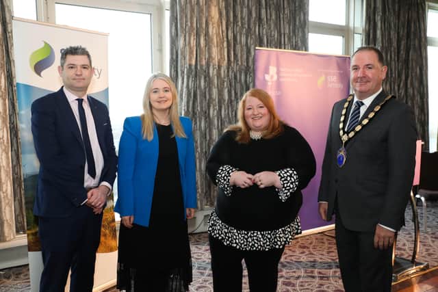 Christopher Morrow, head of communications & policy, NI Chamber, Klair Neenan, managing director, SSE Airtricity, Naomi Long, leader, Alliance and Paul Murnaghan, president, NI Chamber