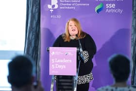Naomi Long addresses businesspeople at a pre-election event hosted by Northern Ireland Chamber of Commerce and Industry (NI Chamber)