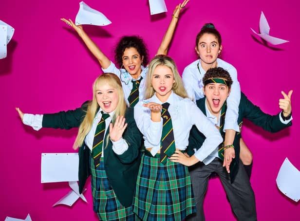 Derry Girls cast  (L-R) Clare Devlin (Nicola Coughlan), Michelle Mallon (Jamie - Lee O'Donnell), Erin Quinn (Saoirse Monica Jackson), Orla Mccool (Louisa Clare Harland), James Maguire (Dylan Llewellyn): PA Photo/Channel 4 Television/Peter Marley.