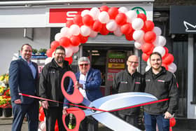 Opening the all-new SPAR, Dublin Road in Newry with the help of their most loyal customer, Frank Hunt are Jamie Graham from Henderson Group, store owners Craig and Alistair Crossey-Truesdale and store manager, Johnathon Crossey-Truesdale