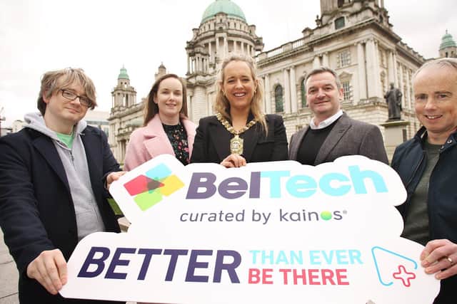 VP of technology products at Unosquare Mark Brown, Catherine Paul, lead software engineer at Kainos, Cllr Kate Nicholl, managing director of Liberty IT, Tony Marron and Kevin Higgins, technical lat Allstate NI