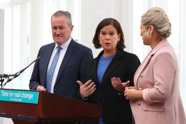 Conor Murphy, Sinn Fein Leader Mary Lou McDonald and Sinn Fein Vice President Michelle O'Neill during the Sinn Fein Assembly election candidate launch for May's poll at the Titanic Hotel, Belfast.