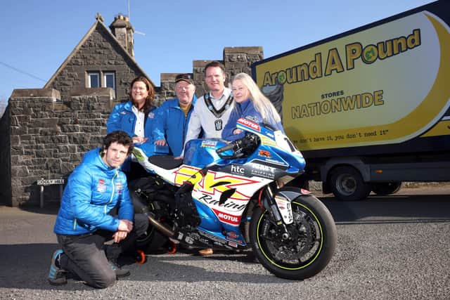 Burrows Racing's Mike Browne launches the Around a Pound Tandragee 100 with Clerk of the Course, Anne Forsythe, Gerry and Siobhan Rice of Around a Pound and Lord Mayor of Armagh, Banbridge and Craigavon, Councillor Glenn Barr at Castle Corner on the Co. Armagh circuit.