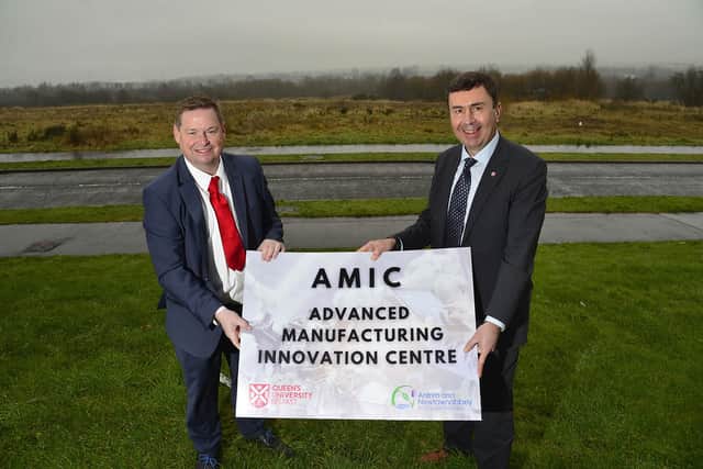 Alderman Mark Cosgrove with Professor Paul Maropolos, Director Advanced Manufacturing Innovation Centre on site at Global Point, Newtownabbey