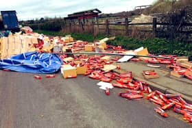 BEST QUALITY AVAILABLE Handout photo dated 04/04/22 issued by Derbyshire Constabulary of the scene on Ilkeston Road, Sandiacre, in Derbyshire, after a lorry shed its load of McVitie's biscuits. Derbyshire Constabulary were called to a report around 4.30 in the afternoon, arriving to find the road and adjacent pavement covered in McVitie's ginger nut biscuits. Officers attended and a clean up operation for the fallen biscuits concluded just over seven hours later. Issue date: Tuesday April 5, 2022.
