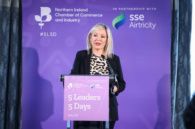 Michelle O’Neill addresses businesspeople at a pre-election event hosted by Northern Ireland Chamber of Commerce and Industry