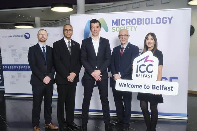 Conor Carberry, business solutions officer at Tourism Ireland, Professor Gurdyal Besra FRS, president of Microbiology Society, Charlie McCloskey, director of events and customer experience at ICC Belfast, Waterfront Hall and Ulster Hall, Dr. Peter Cotgreave, chief executive of Microbiology Society, Rachael McGuickin, director of business development, sustainability and transformation at Visit Belfast