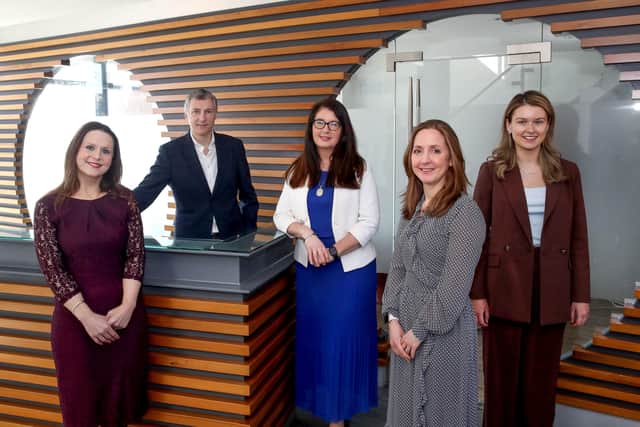 Pictured at Clarendon Fund Managers’ office in Belfast are Christina O’Neill, CEO of VascVersa, Brian Cummings from CFM, Claudine Owens from CFM, Sian McLaughlin of CFM and Naomi McGregor, CEO of Movetru
