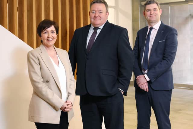 Maureen O’Reilly, economist, Brian Murphy, managing partner, BDO NI and Christopher Morrow, head of communications and policy, NI Chamber pictured at the launch of the latest Quarterly Economic Survey (QES) for Q1 2022