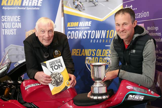Cookstown Club Secretary Kenny Loughrin and Barry Davidson at the launch of the 2022 KDM Hire Cookstown 100. 
Davidson is holding the Thomas Greer Memorial Trophy which he received as the Man of the Meeting at last year's event. Greer was a founder member of the Cookstown club and the trophy was first awarded in 1924. The Cookstown 100 is Ireland's oldest road race and will celebrate its centenary this year.