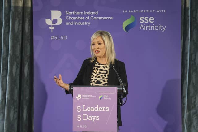 Sinn Fein leader Michelle O'Neill at a Northern Ireland Chamber of Commerce breakfast in Belfast this week