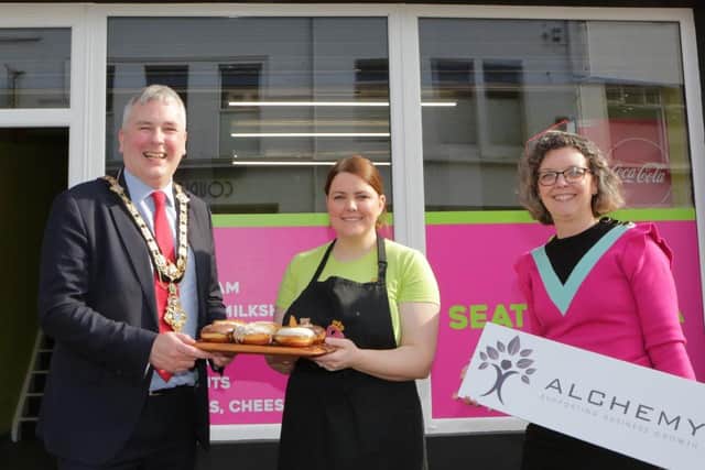 Councillor Richard Holmes pictured at Three Queens, Coleraine’s new donut and dessert bar located on Railway Road, with owner Kirsty Nicholl and Causeway Coast and Glens Borough Council’s economic development officer Louise Pollock