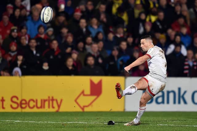 BELFAST, NORTHERN IRELAND - NOVEMBER 22: John Cooney of Ulster Rugby kicks a conversion during the Heineken Champions Cup Round 2 match between Ulster Rugby and ASM Clermont Auvergne at Ravenhill Stadium on November 22, 2019 in Belfast, Northern Ireland. (Photo by Charles McQuillan/Getty Images)