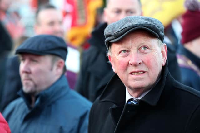 TUV leader Jim Allister pictured at an anti protocol rally and parade in Lurgan on Friday. 

Photo by Kelvin Boyes / Press Eye