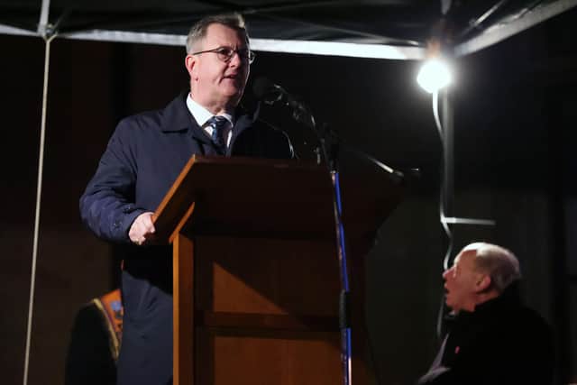 Sir Jeffrey Donaldson speaks at the anti protocol rally and parade organised by Lurgan united unionists in Lurgan, Co Armagh at Brownlow House on Friday night. 

Photo by Kelvin Boyes / Press Eye
