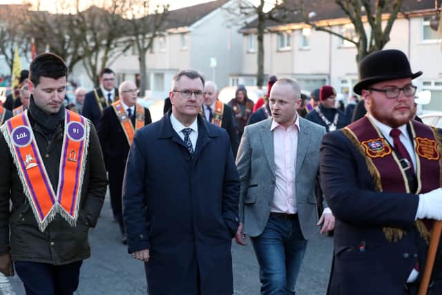 Sir Jeffrey Donaldson and loyalist activist Jamie Bryson pictured at an anti protocol rally and parade in Lurgan.

Photo by Kelvin Boyes / Press Eye