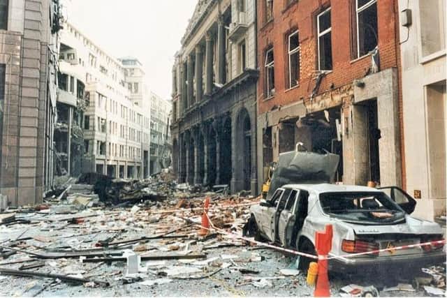 An image of the aftermath of the Baltic Exchange bombing, taken from the Twitter feed of London Fire Brigade