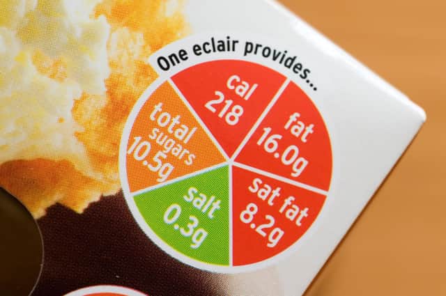Calorie information on a box of eclairs.