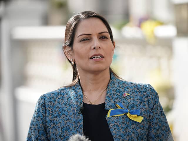 File photo dated 06/03/22 of Home Secretary Priti Patel speaking to the media outside the Ukrainian embassy in London. The Home Secretary has apologised "with frustration" over the time it is taking for Ukrainian refugees to arrive in the UK under visa schemes.