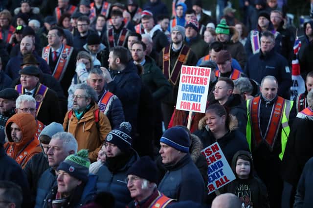 Loyalists at the Lurgan anti protocol rally and parade. 

Photo by Kelvin Boyes / Press Eye