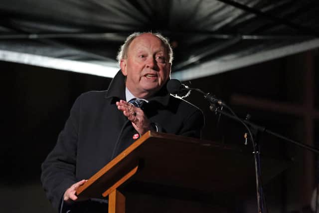 Jim Allister speaking during the rally in opposition to the Northern Ireland Protocol at Brownlow House in Lurgan, Co Armagh, on Friday April 8, 2022