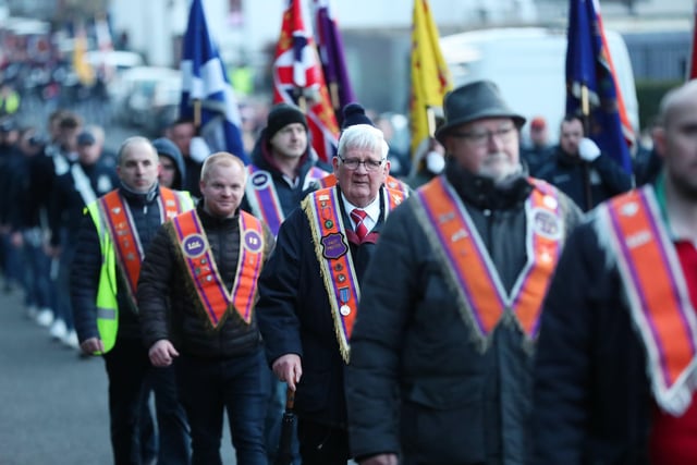 Anti-Northern Ireland Protocol rally in Lurgan, County Armagh. 

Loyalists at an anti protocol rally and parade organised by Lurgan united unionists in Lurgan, Co Armagh/

Organisers Lurgan United Unionists told the Parades Commission to expect sixty bands and over 10,000 people