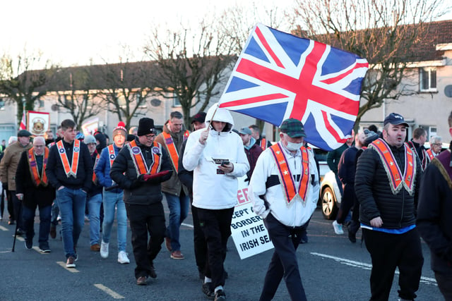 Anti-Northern Ireland Protocol rally in Lurgan, County Armagh. 

Loyalists at an anti protocol rally and parade organised by Lurgan united unionists in Lurgan, Co Armagh/

Organisers Lurgan United Unionists told the Parades Commission to expect sixty bands and over 10,000 people.

Photo by Kelvin Boyes / Press Eye.