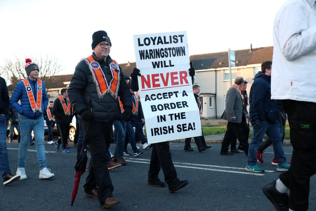 Anti-Northern Ireland Protocol rally in Lurgan, County Armagh. 

Loyalists at an anti protocol rally and parade organised by Lurgan united unionists in Lurgan, Co Armagh/

Organisers Lurgan United Unionists told the Parades Commission to expect sixty bands and over 10,000 people