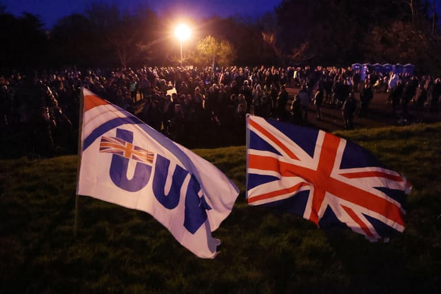 Anti-Northern Ireland Protocol rally in Lurgan, County Armagh. 

TUV flags at an anti protocol rally and parade organised by Lurgan united unionists in Lurgan, Co Armagh at Brownlow House.

Organisers Lurgan United Unionists told the Parades Commission to expect sixty bands and over 10,000 people