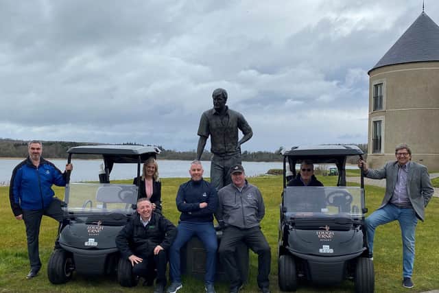 Pictured with two of the 60 new EZ-GO golf carts are Roy Cathcart, resort services manager, Joanne Walsh, general manager, Lough Erne Resort, Andrew Ferguson, general manager at Broderick Machinery, Barry McCauley, golf operations manager, Lough Erne Resort, Damien Mooney, Lough Erne Resort golf professional, Jeff Mahon and Mark Ward, Tru Hotels and Resorts