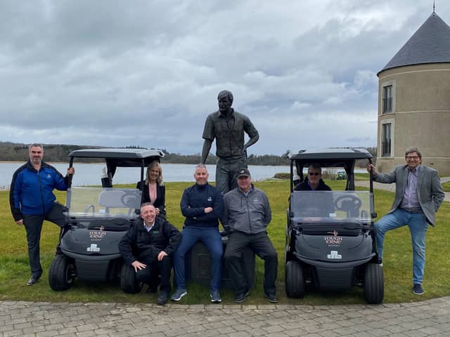 Pictured with two of the 60 new EZ-GO golf carts are Roy Cathcart, resort services manager, Joanne Walsh, general manager, Lough Erne Resort, Andrew Ferguson, general manager at Broderick Machinery, Barry McCauley, golf operations manager, Lough Erne Resort, Damien Mooney, Lough Erne Resort golf professional, Jeff Mahon and Mark Ward, Tru Hotels and Resorts