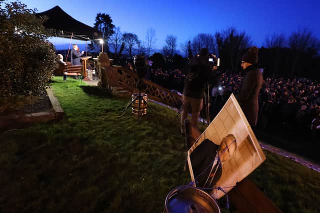 Posters of Doug Beattie as Sir Jeffrey Donaldson spoke at an anti protocol rally and parade in Lurgan on Friday night. Photo by Kelvin Boyes / Press Eye
